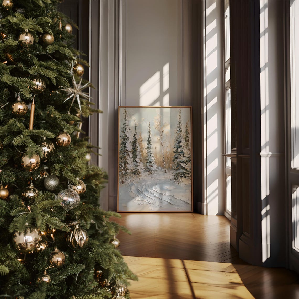 Snow Laden Evergreens with Curving Trail Impasto Winter Poster - Image 2