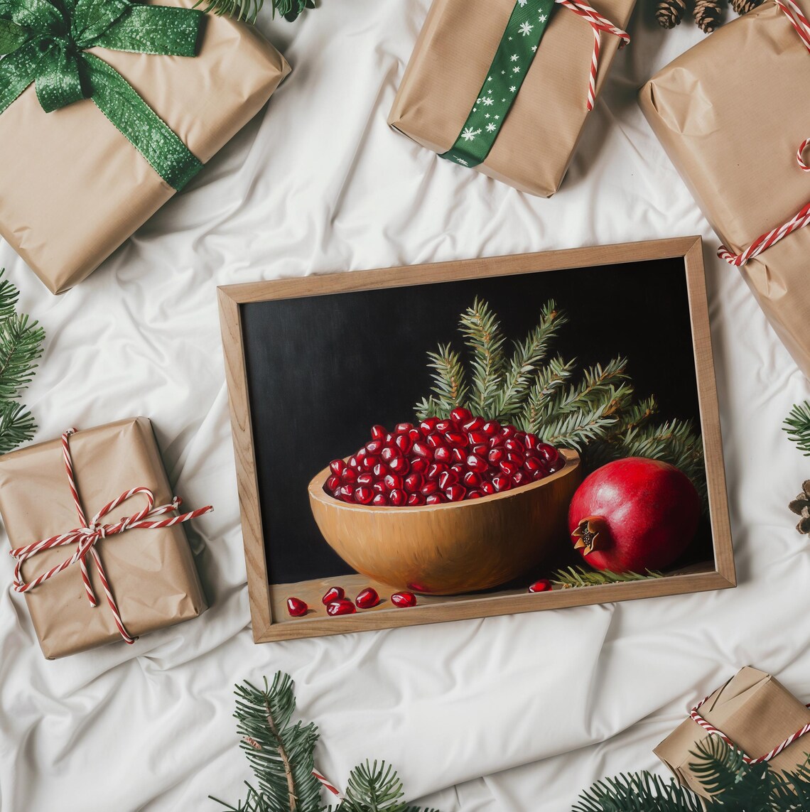 Pomegranate Arils In Wooden Bowl With Pine Sprigs Still Life Poster - Image 2