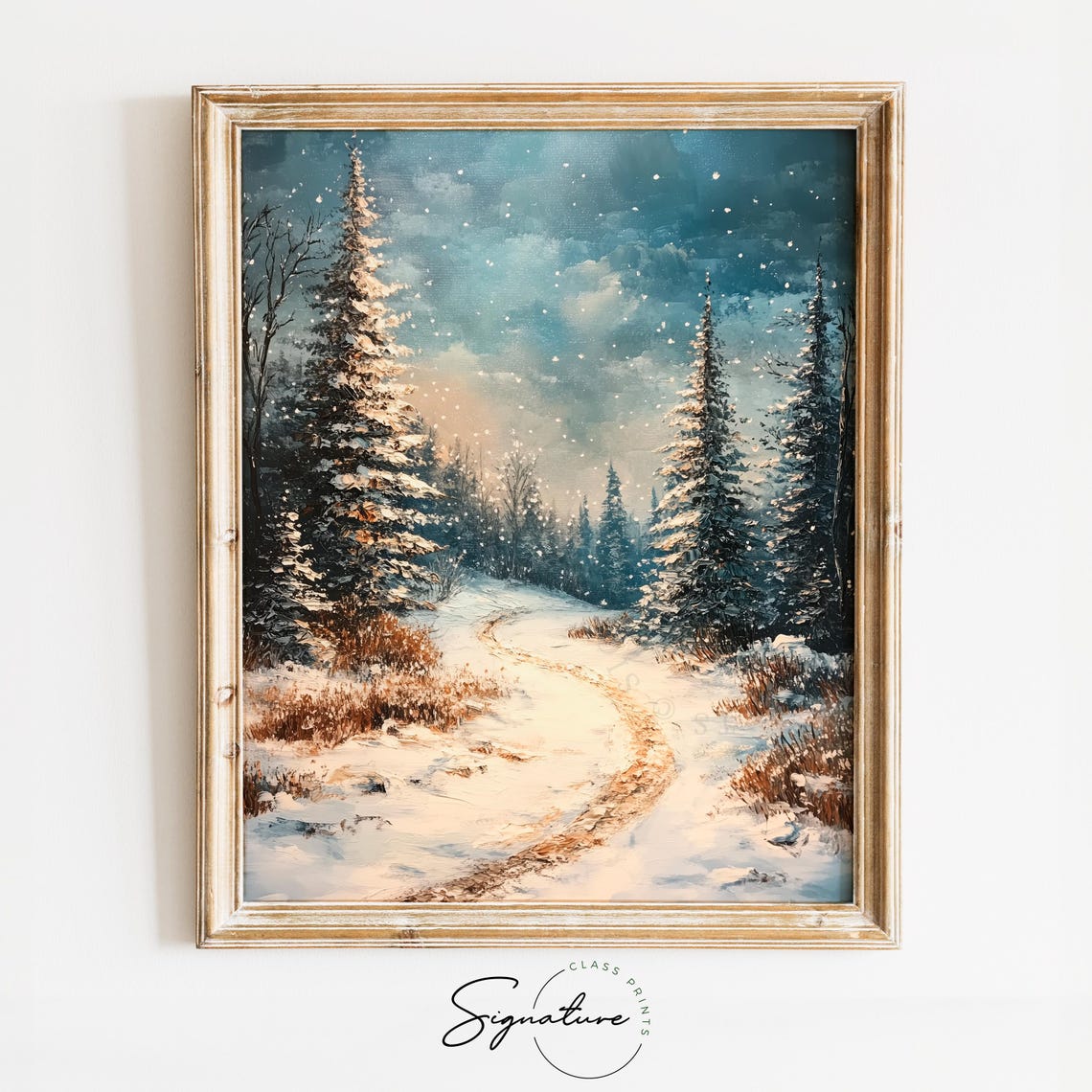 Starry Winter Night Snowy Forest Path Between Fir Trees Poster