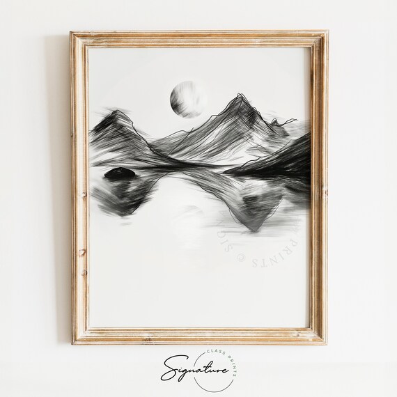 Moonlight Reflecting On A Mountain Lake Sketch Night Landscape Art Tranquil Nature Wall Decor Mountain View Illustration 756