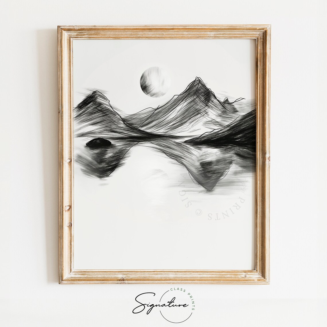 Moonlight Reflecting On A Mountain Lake Sketch Night Landscape Art Tranquil Nature Wall Decor Mountain View Illustration 756