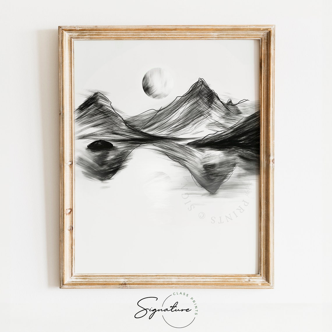 Moonlit Mountain Lake With Glowing Full Moon Monochrome Ink Poster