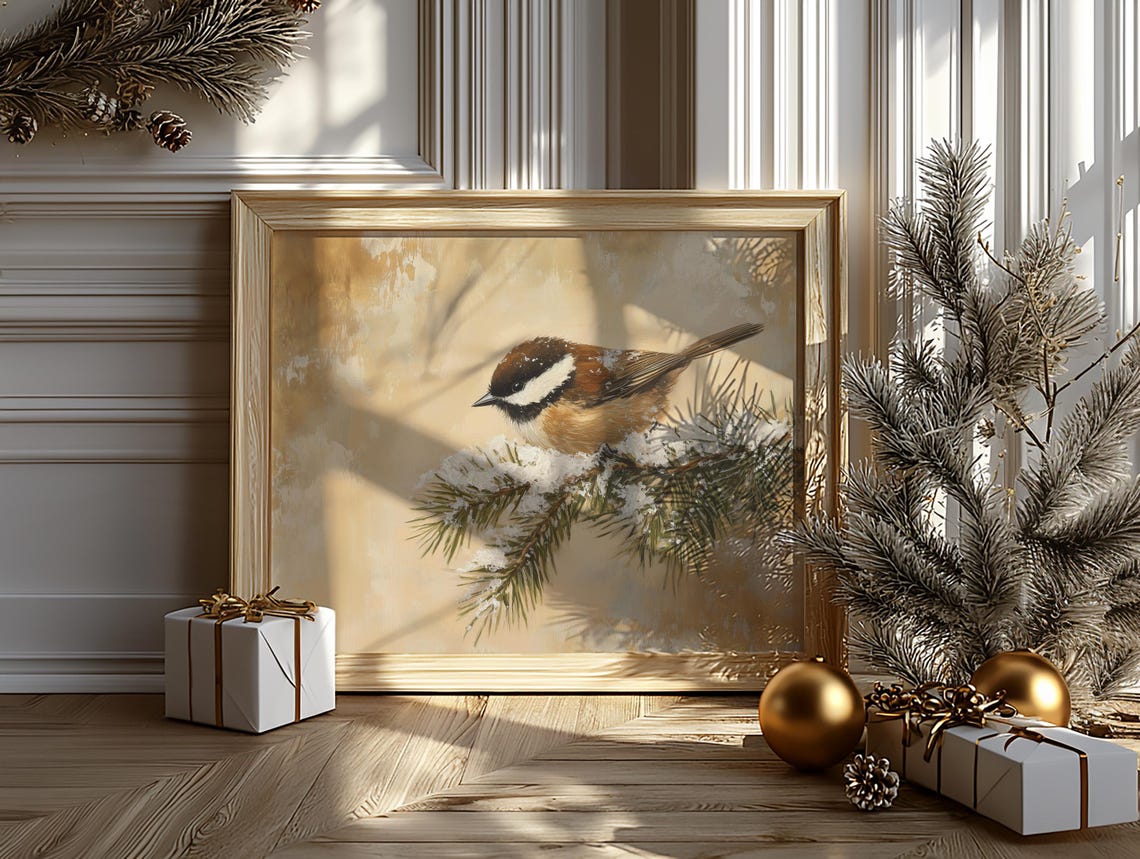 Chestnut Backed Chickadee on Snowy Pine Branch Bird Art Poster - Image 6
