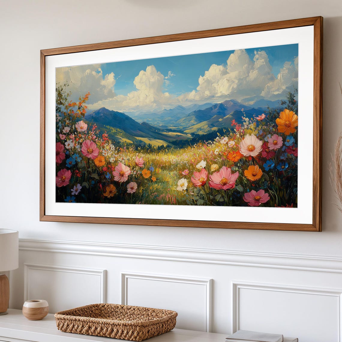 Colorful Wildflower Field Below Blue Mountains Frame TV Wall Art - Image 2