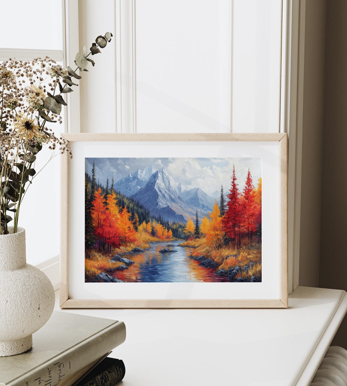 Autumn River Snowy Peak Fall Reflection Mountain Landscape Wall Art - Image 6