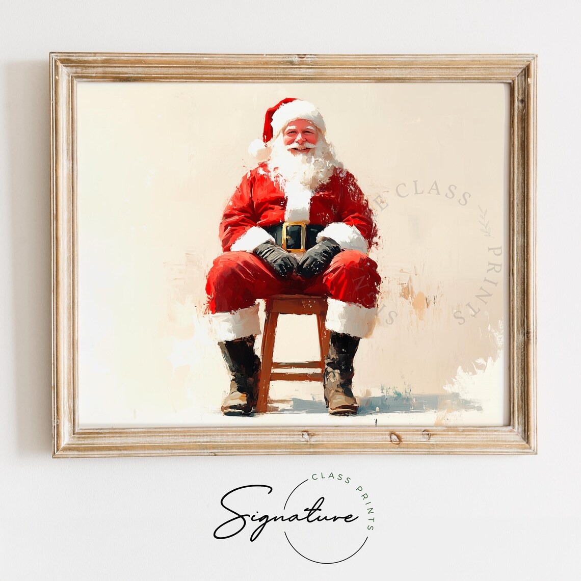 Santa Claus Sitting on Wooden Stool Classic Red Suit Portrait Poster