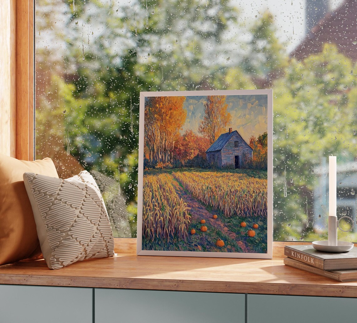 Weathered Barn in a Golden Wheat Field Dotted With Fall Pumpkins Poster - Image 2