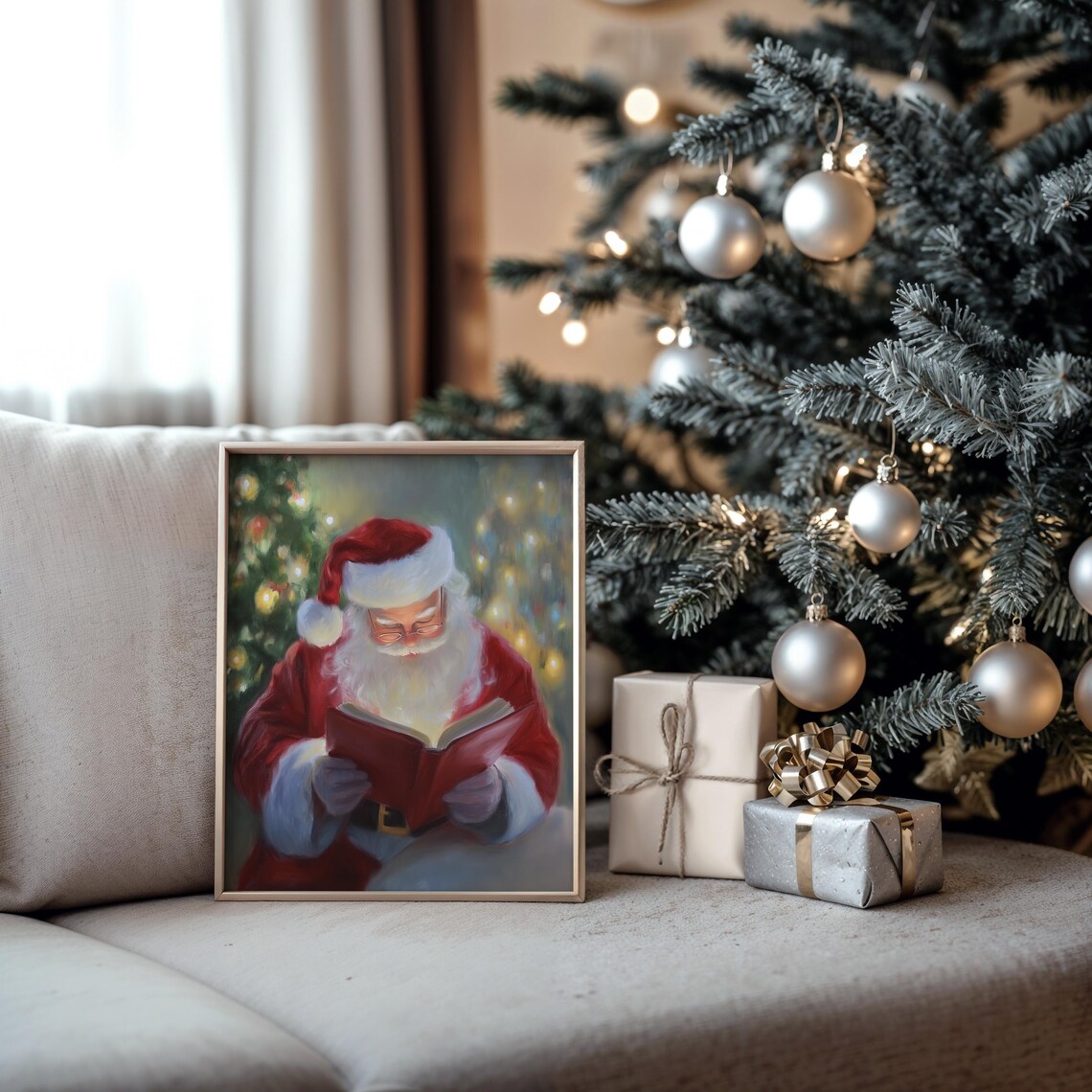Santa Claus Reading Book Christmas Lights Painting Holiday Poster - Image 6