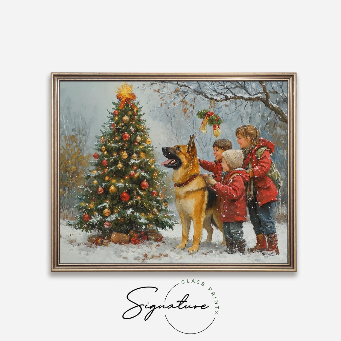 Kids And German Shepherd Dog By Outdoor Christmas Tree Poster - Image 4