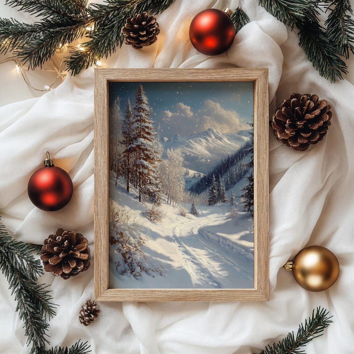 Sunlit Mountain Pass with Snow Laden Pines Winter Trail Poster - Image 4