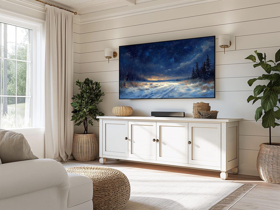 Starry Winter Night Snowy Meadow Golden Horizon Pines Moonlight Poster - Image 3