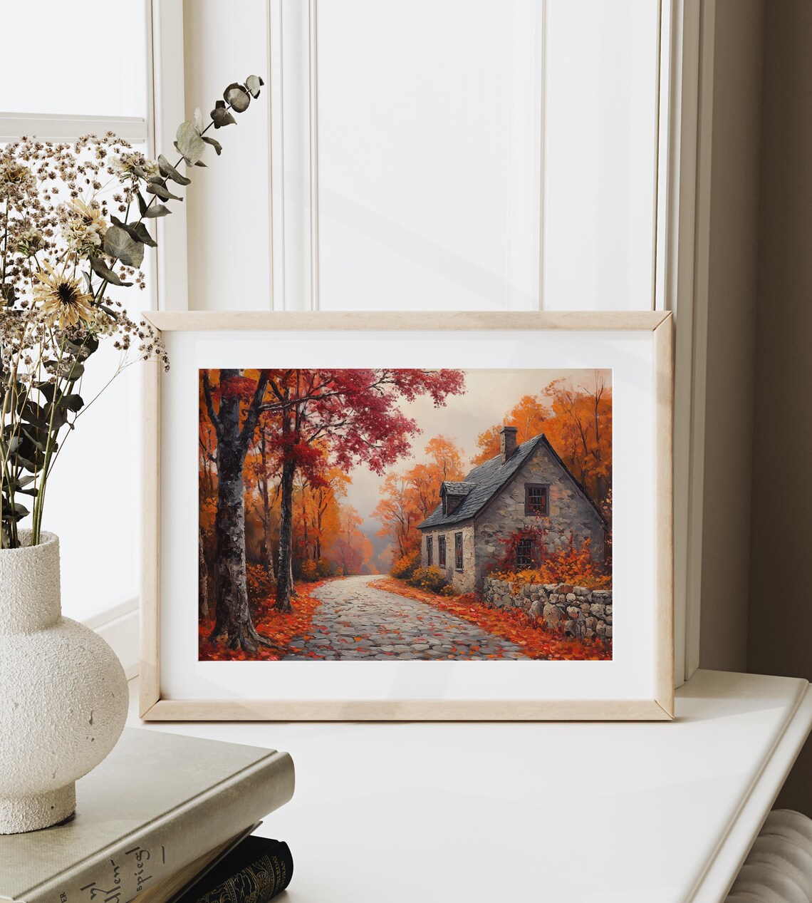 Stone Cottage Autumn Lane Falling Leaves Rustic Fall Landscape Wall Art - Image 6
