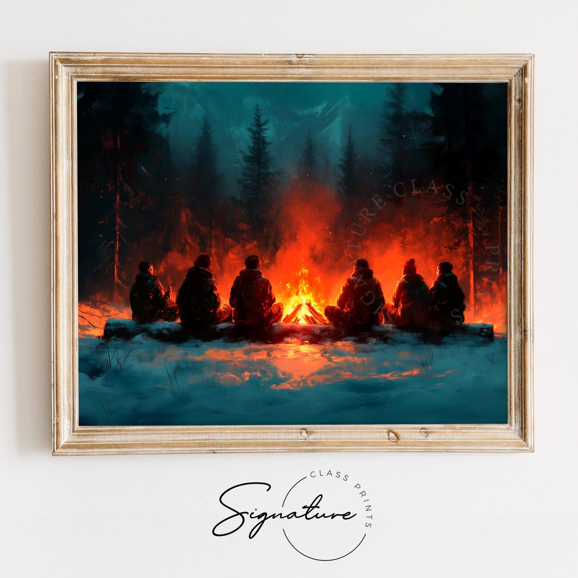 Friends Around Campfire At Night In Snowy Pine Forest Poster
