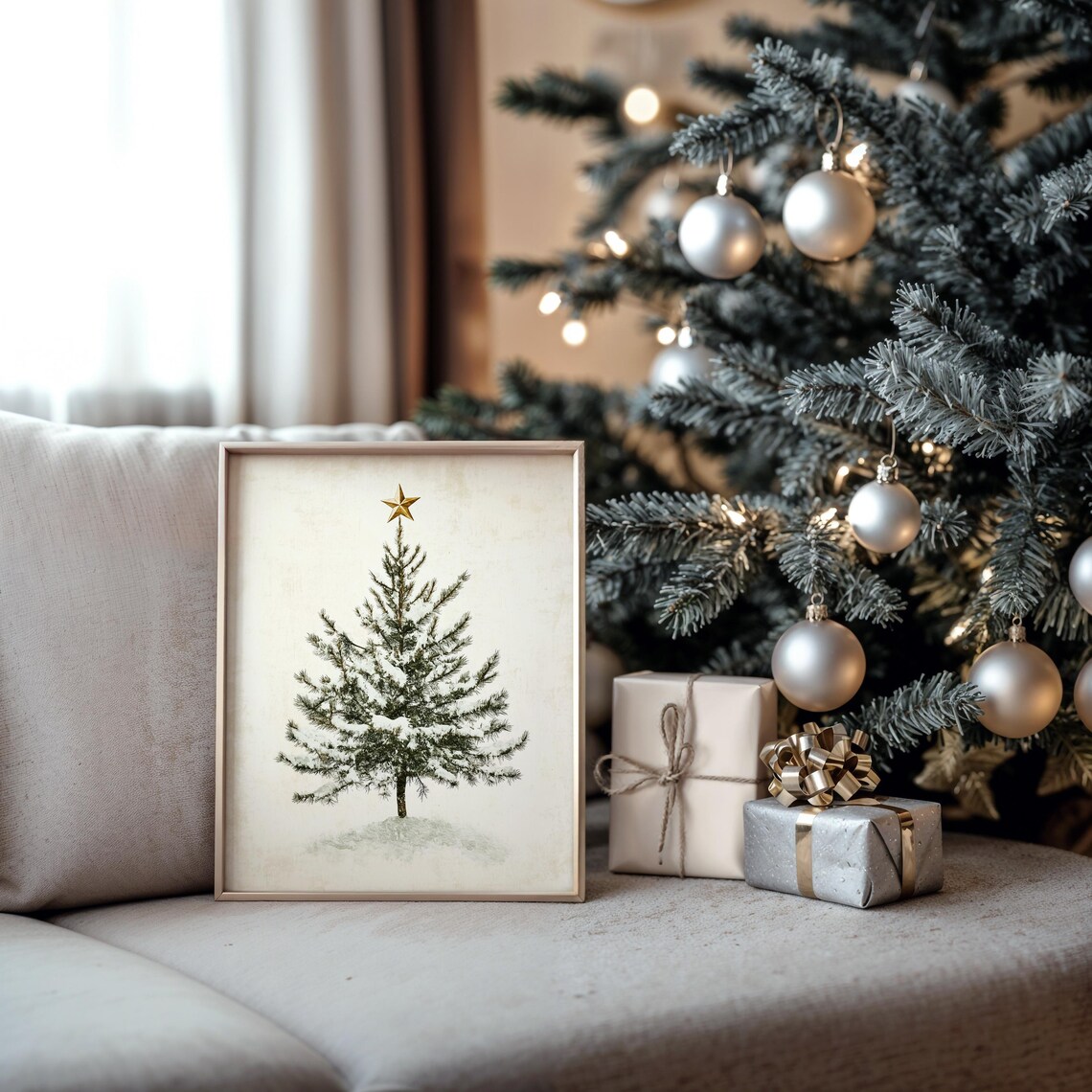 Snowy Christmas Tree Gold Star Minimalist Winter Holiday Art Poster - Image 5