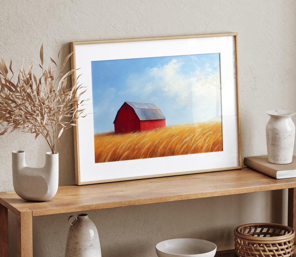 Red Barn Golden Wheat Field Blue Sky Oil Painting Country Poster - Image 4