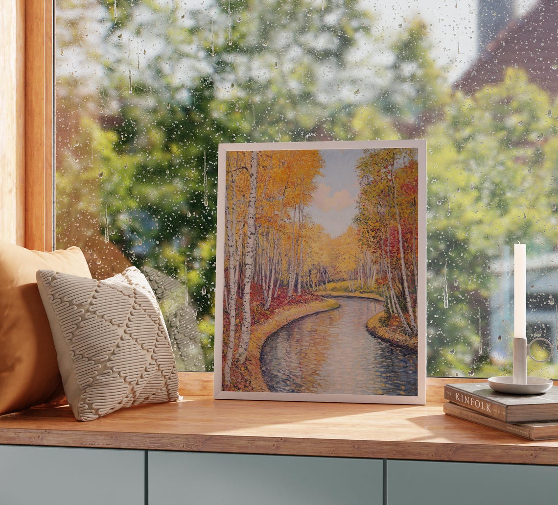 Serene Birch Forest Bowing Over a Sparkling Autumn River Poster - Image 2