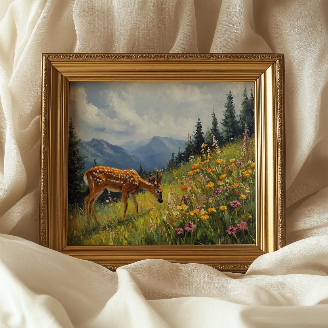 Spotted Deer Grazing Mountain Wildflower Meadow Summer Art Print - Image 5