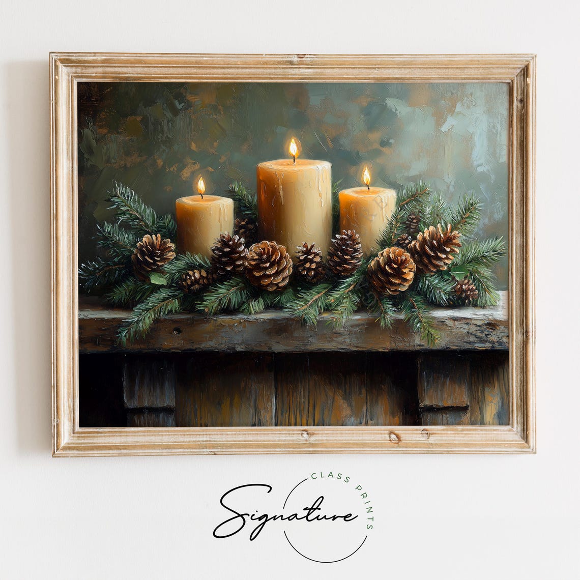 Glowing Pillar Candles with Pinecones and Evergreen Garland Poster - Image 2