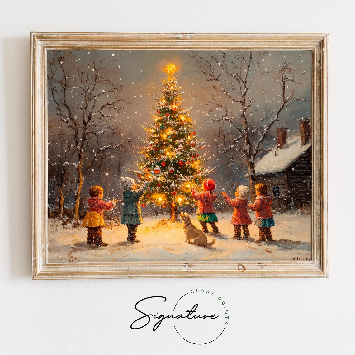 Children Decorating an Outdoor Christmas Tree With Dog Snowy Poster
