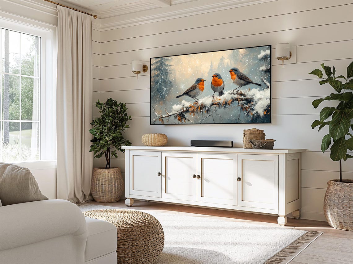 Robin Trio On Snowy Pine Branch In Gentle Snowfall Winter Art Poster - Image 3