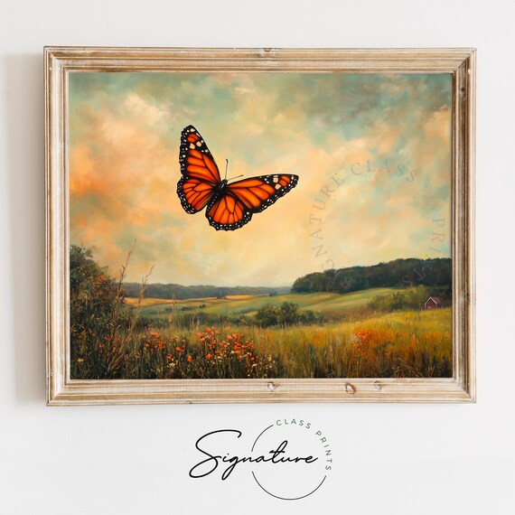 Monarch Butterfly Golden Meadow Summer Farmland Wildflowers Flying Poster