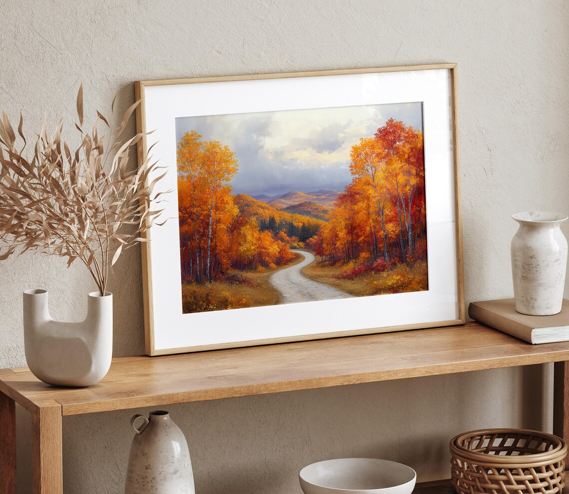 Winding Road Fiery Autumn Forest Mountain Vista Painting Print - Image 4