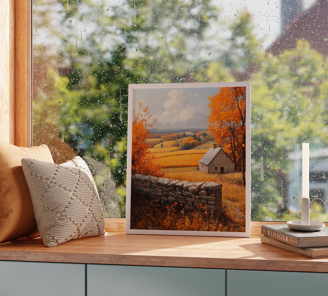 Stone Cottage and Rock Wall in Golden Autumn Field Landscape Poster - Image 2