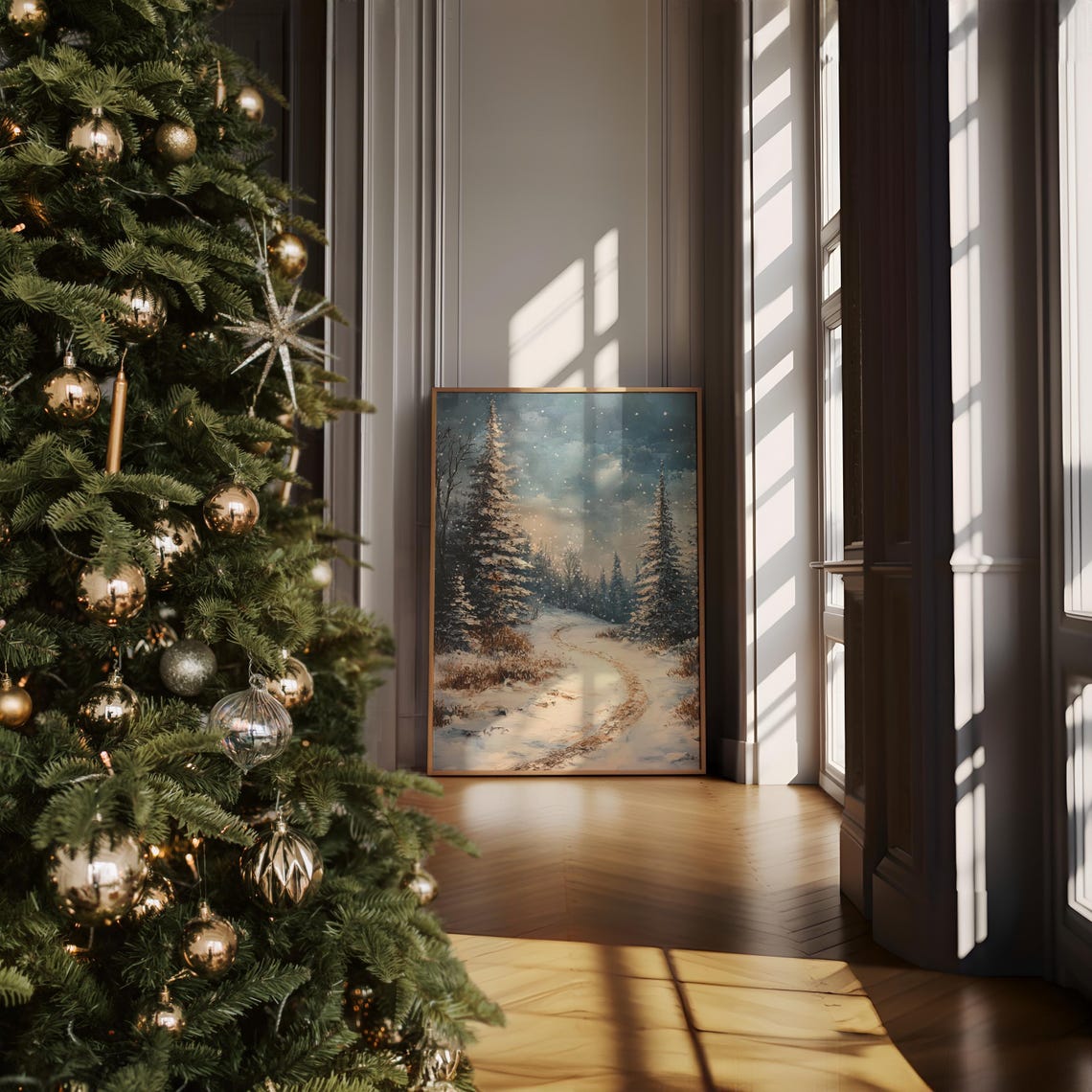 Starry Winter Night Snowy Forest Path Between Fir Trees Poster - Image 2