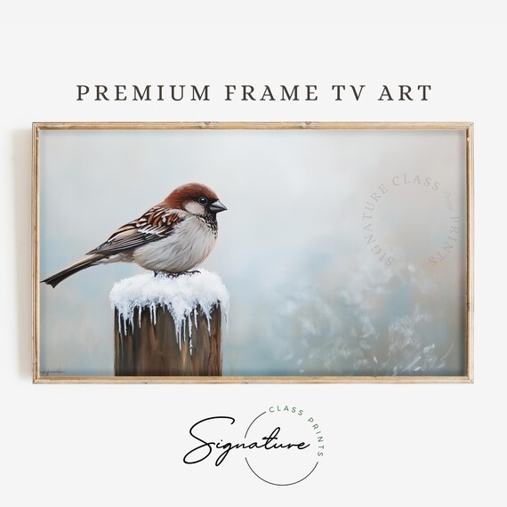 Tree Sparrow on Snow Covered Fence Post Icicles Winter Poster