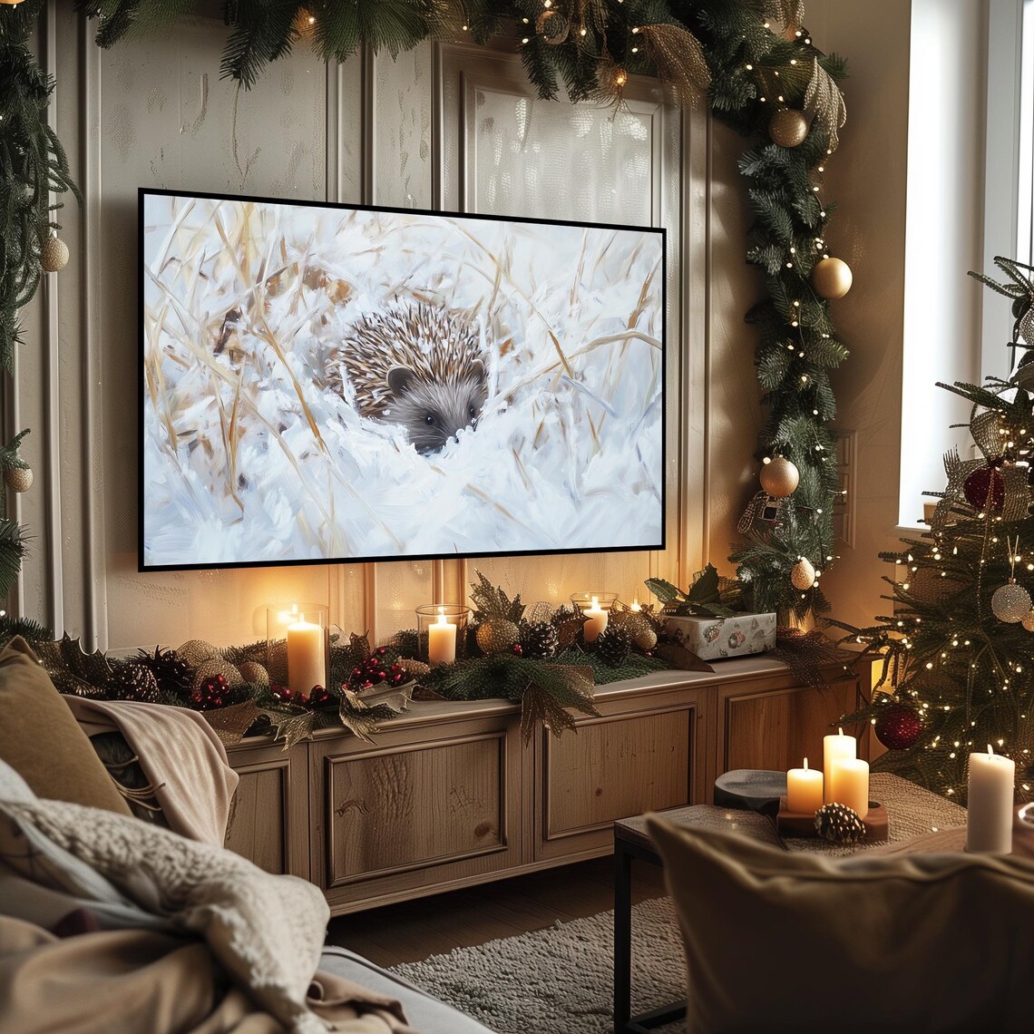 Hedgehog Nestled in Snowy Grasses Winter Wildlife Art Poster - Image 3