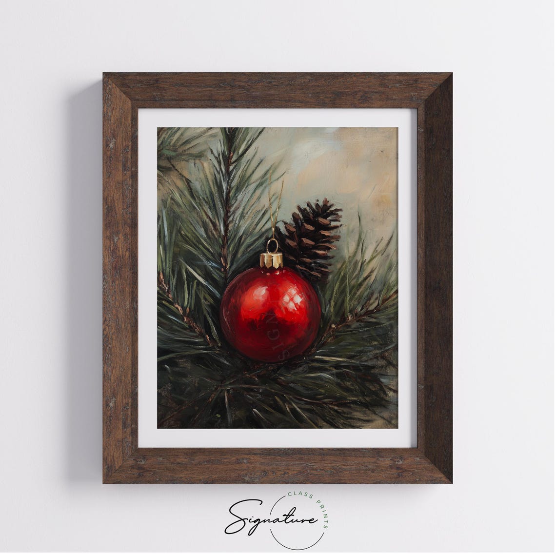 Red Christmas Ornament on Pine Branch Rustic Oil Painting Print - Image 3