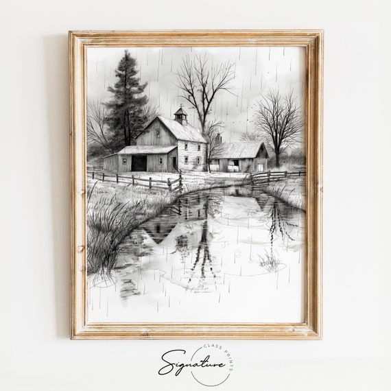 Rainy Day At A Rural Farmstead Sketch Vintage Farm Art Rainy Barnyard Scene Decor Countryside In Rain Illustration 771