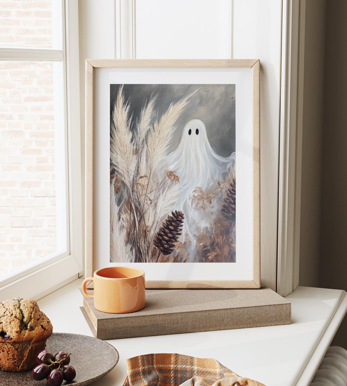 Moody White Ghost Among Pampas Grass and Pinecones Halloween Poster - Image 6