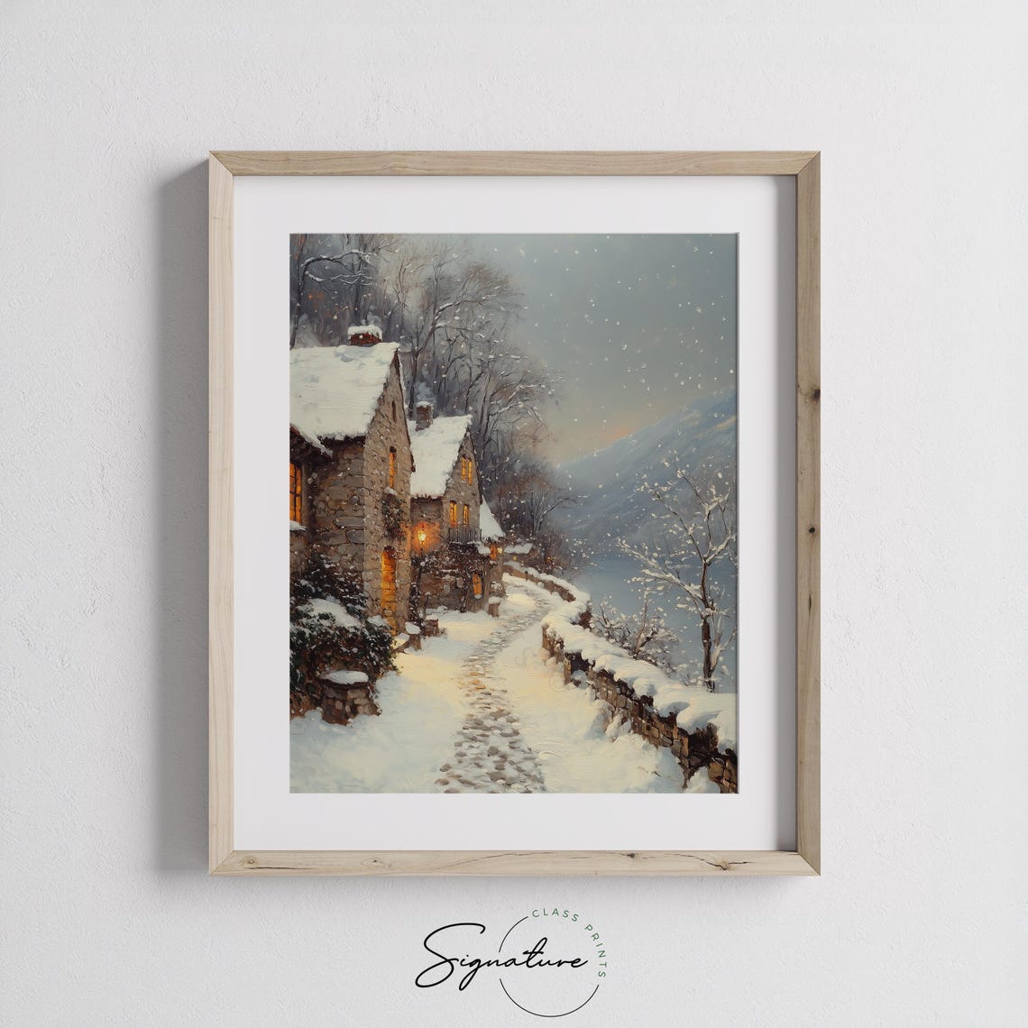 Snowy Cobblestone Lane by the Lake Winter Village Scene Poster - Image 2