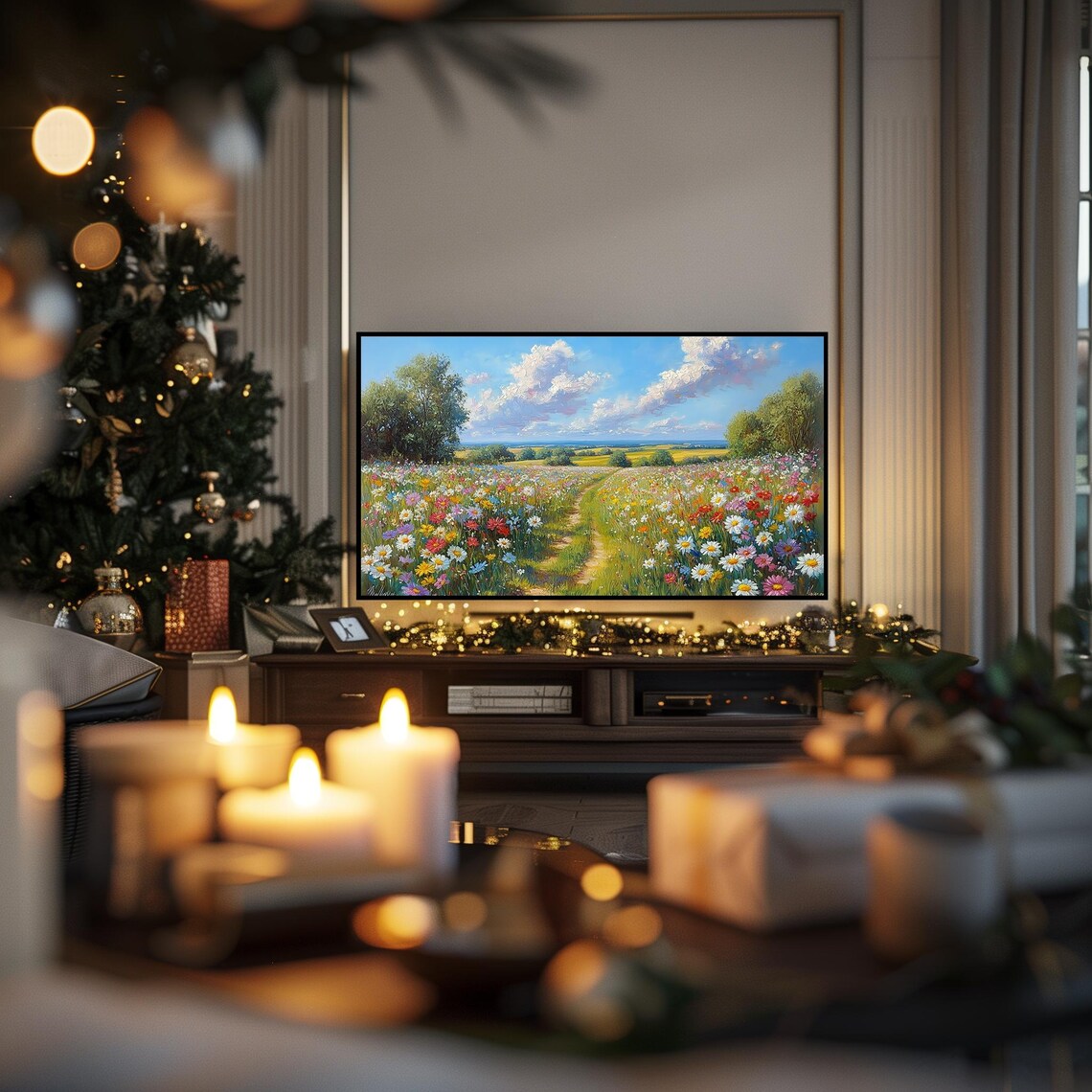 Wildflower Field Path Winding Through Sunny Countryside Frame TV Wall Art - Image 3