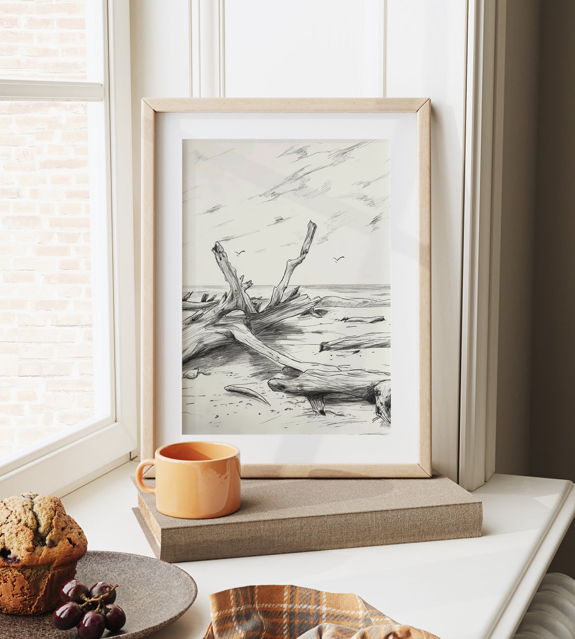 Driftwood On Windswept Beach Seabirds Monochrome Sketch Poster - Image 6