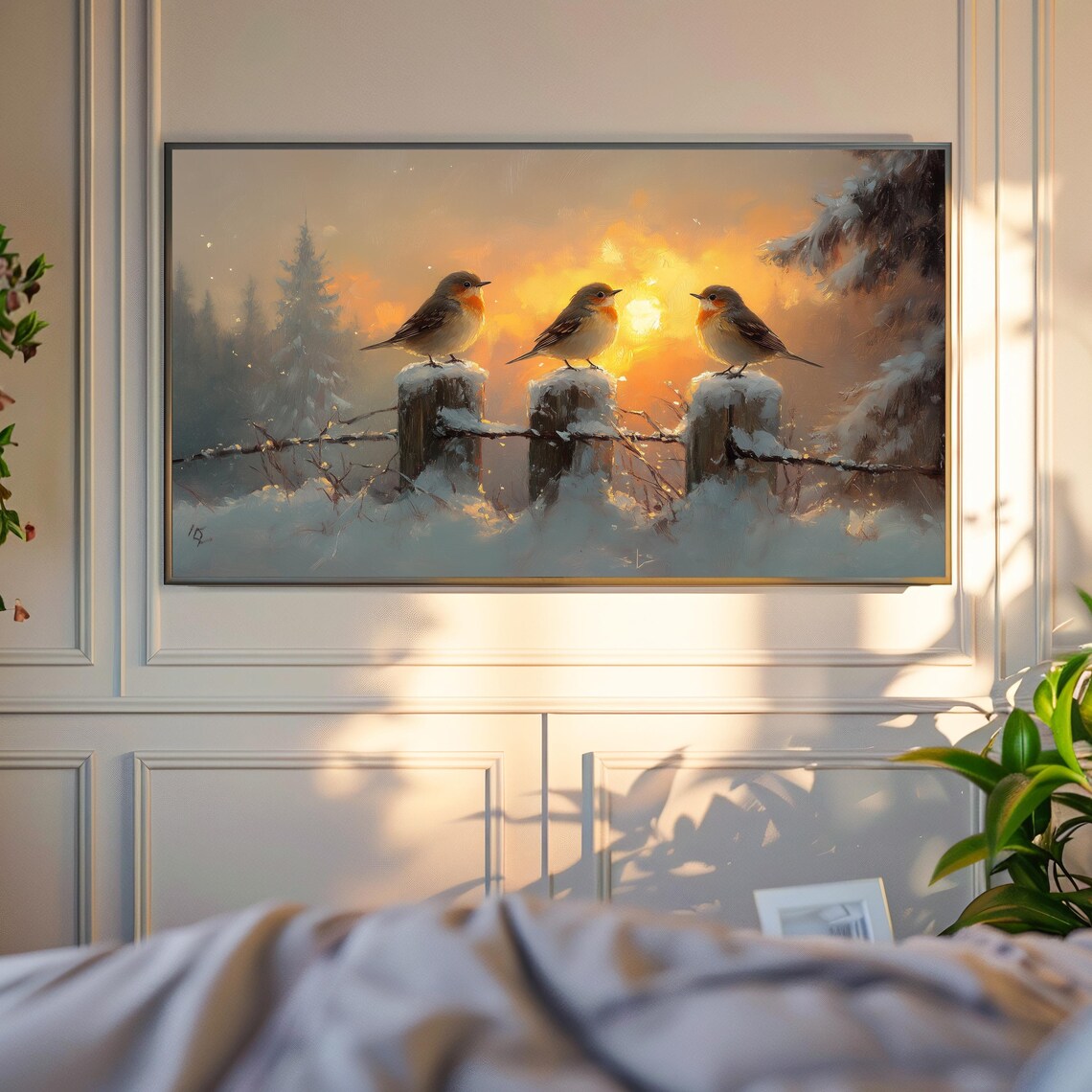 Winter Songbirds Trio Snowy Fence Posts Fiery Sunset Birds Painting Poster - Image 4