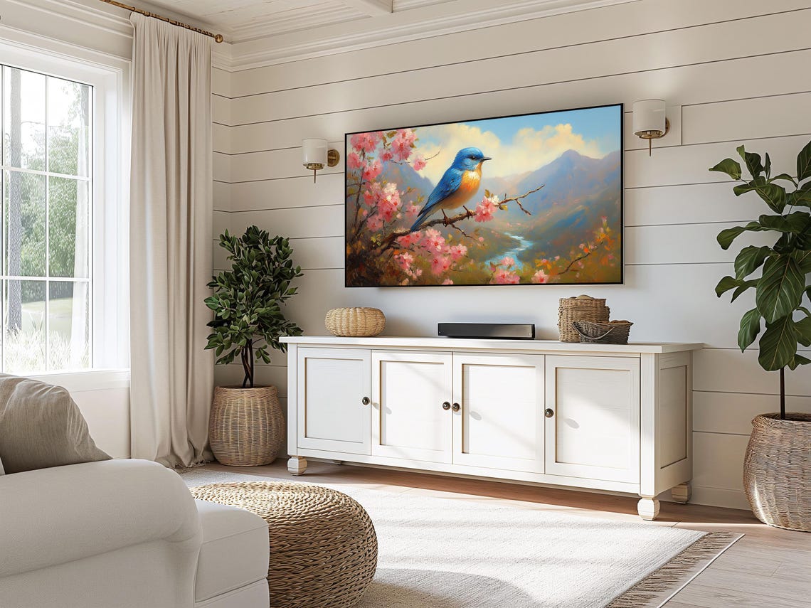Bluebird On Cherry Blossom Branch Overlooking River Valley Poster - Image 3