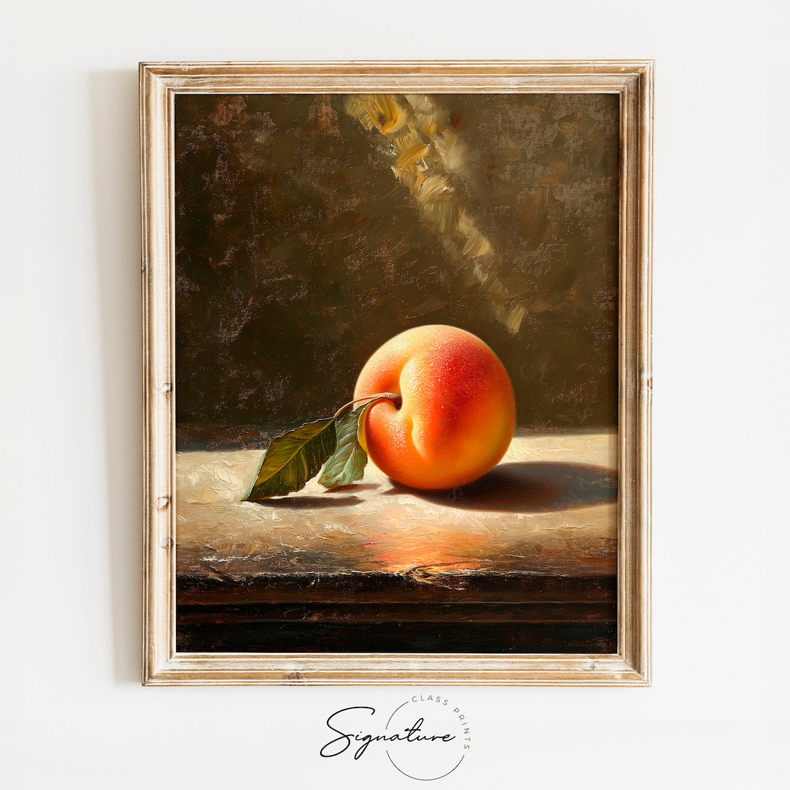 Ripe Peach Still Life Sunlit Table Warm Tones Classic Fruit Oil Painting Poster