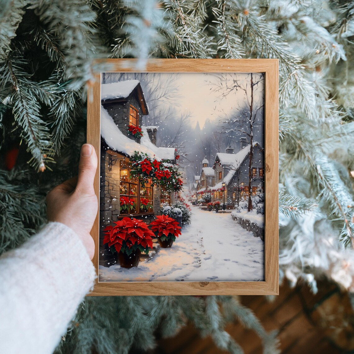 Poinsettia Flower Shop on a Snowy Village Street Christmas Poster - Image 6