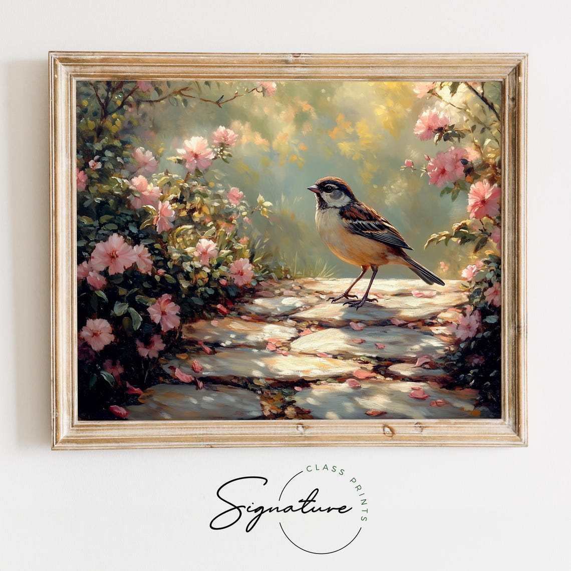 Sparrow On Stone Garden Path Among Pink Blooms Cottage Wall Art