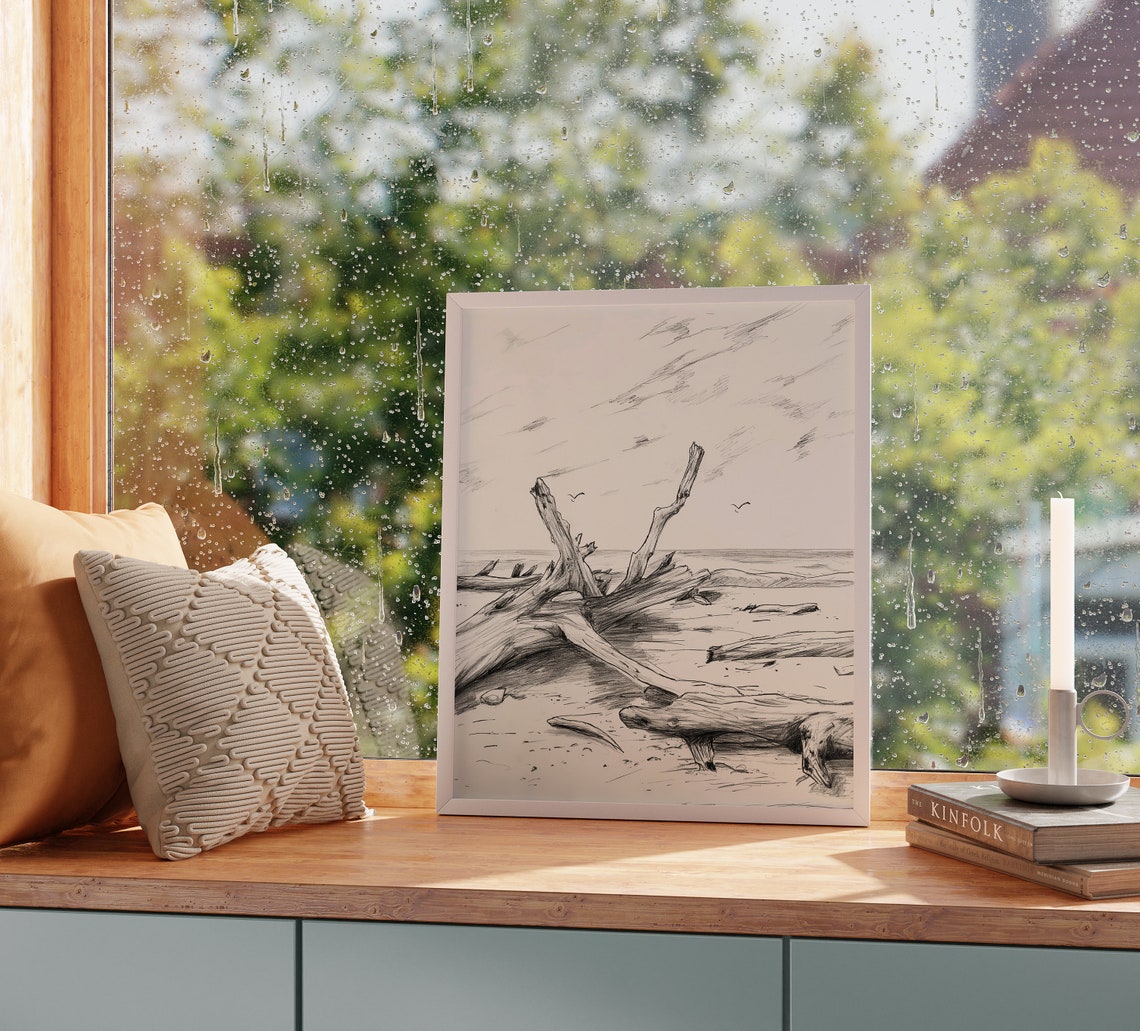 Driftwood On Windswept Beach Seabirds Monochrome Sketch Poster - Image 2