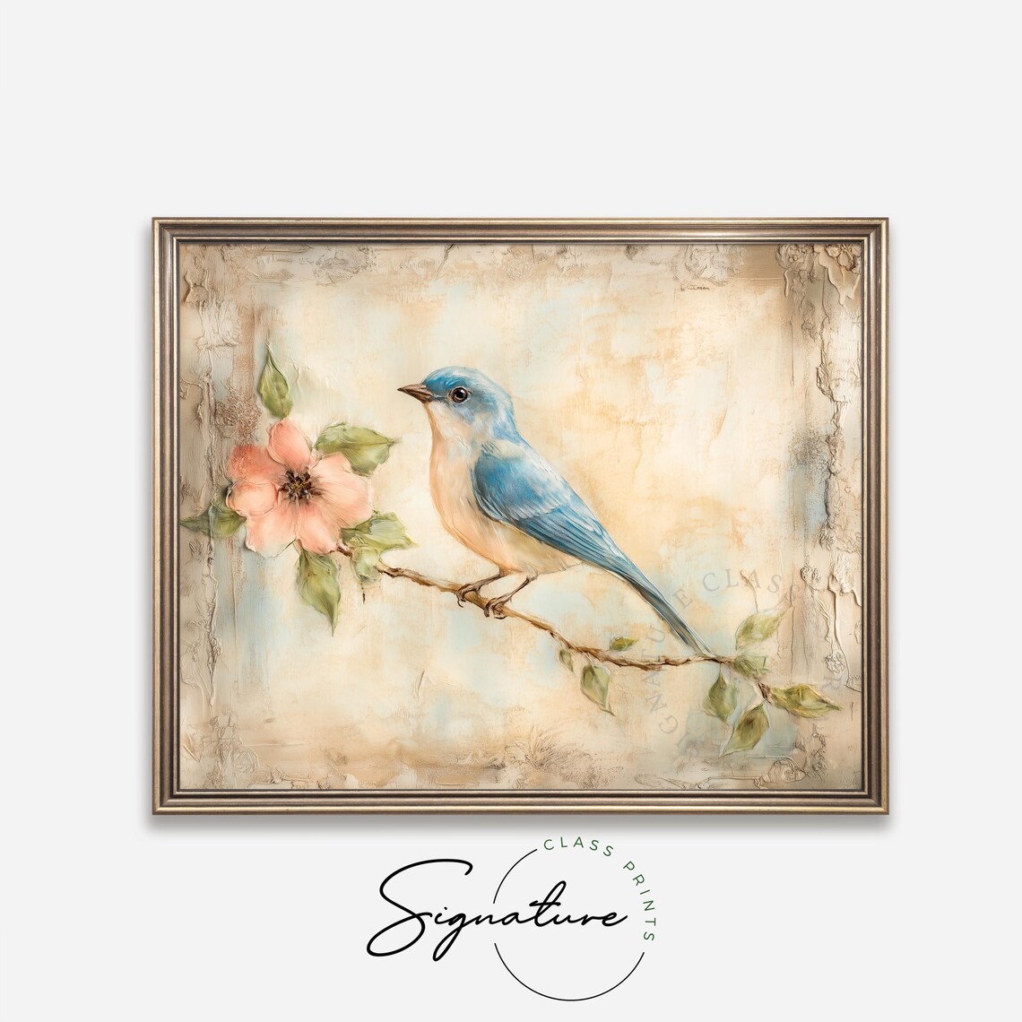 Dreamy Bluebird On Blossom Branch Vintage Bird Art Pastel Print - Image 4