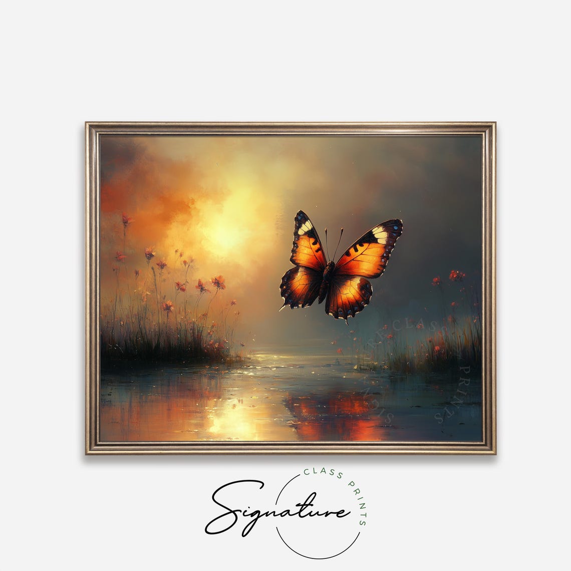 Monarch Butterfly Over Sunset Water Twilight Glow Serene Nature Poster - Image 4