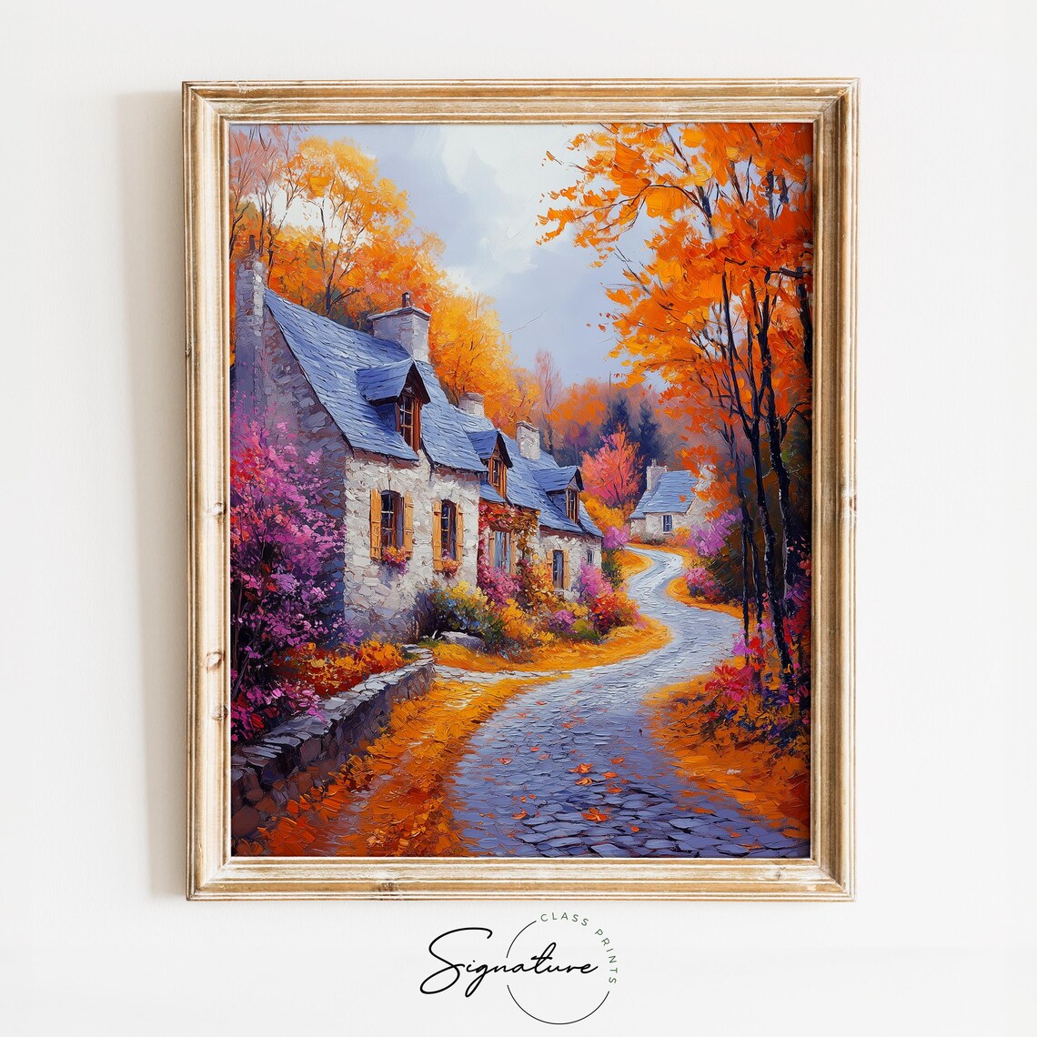 Autumn Village Street Flowering Bushes Stone Houses Lane Poster