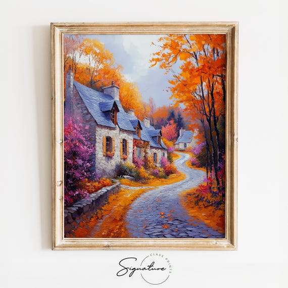 Autumn Village With Stone Cottages And Fall Trees Fall Cottage Print Moody Fall Landscape Autumn Wall Art Fall Prints 1823