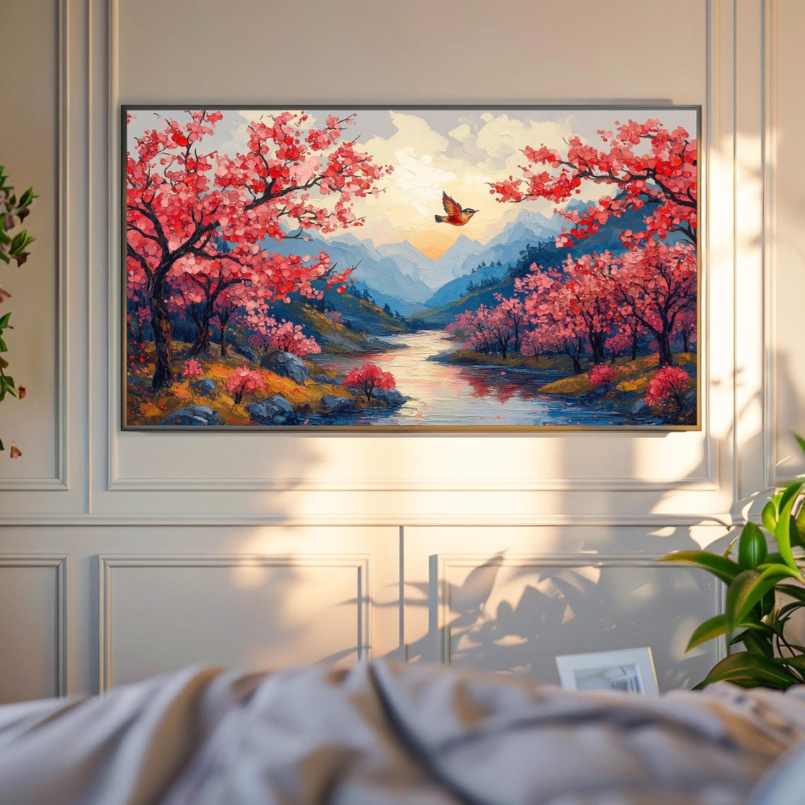 Bird Soaring Over Cherry Blossom River Valley Impasto Art Poster - Image 4