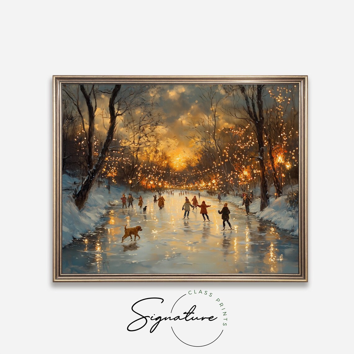Kids Ice Skating at Golden Sunset on Outdoor Rink with Dogs Poster - Image 4