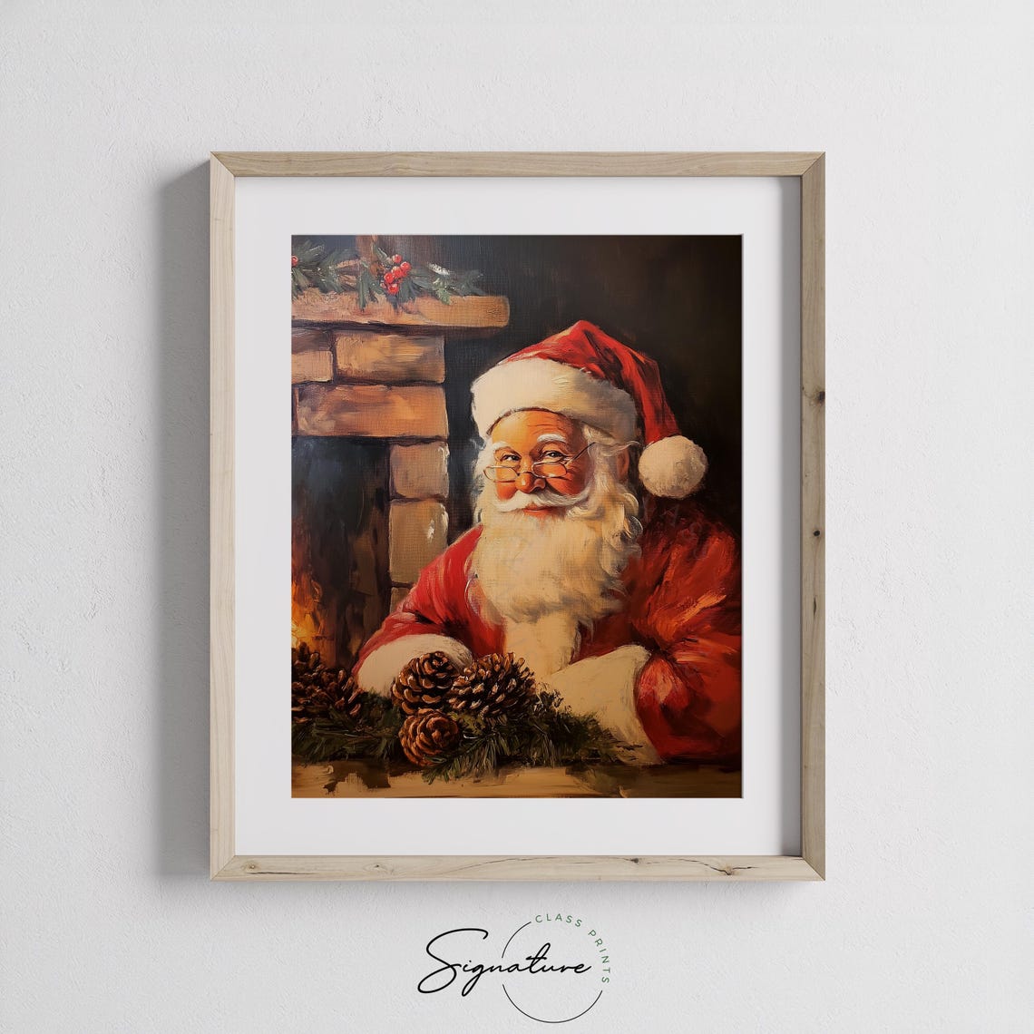 Santa Claus Resting by a Brick Fireplace With Pinecone Garland Poster - Image 2