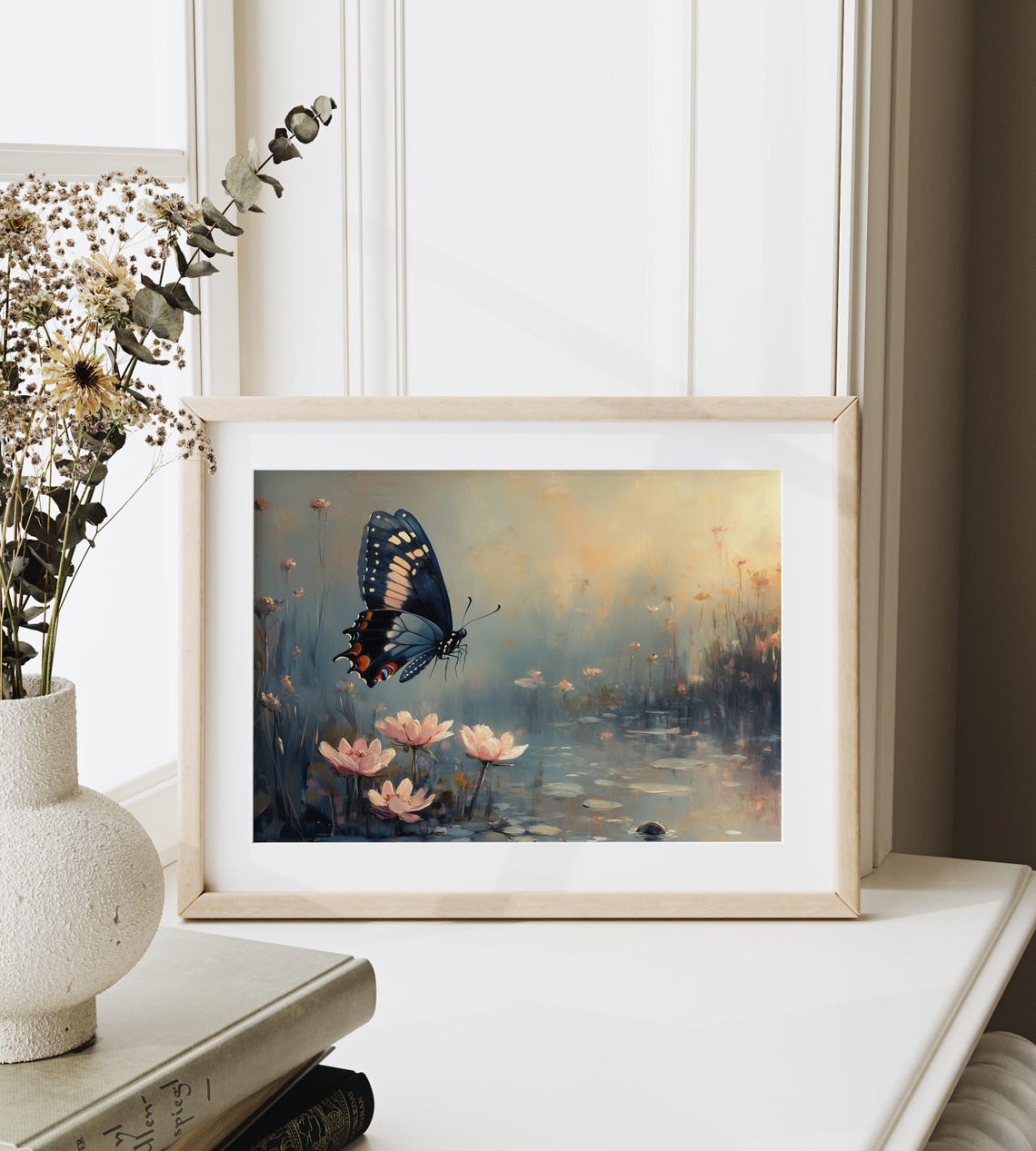 Midnight Blue Butterfly Over Lotus Pond Twilight Dreamy Wall Art - Image 6